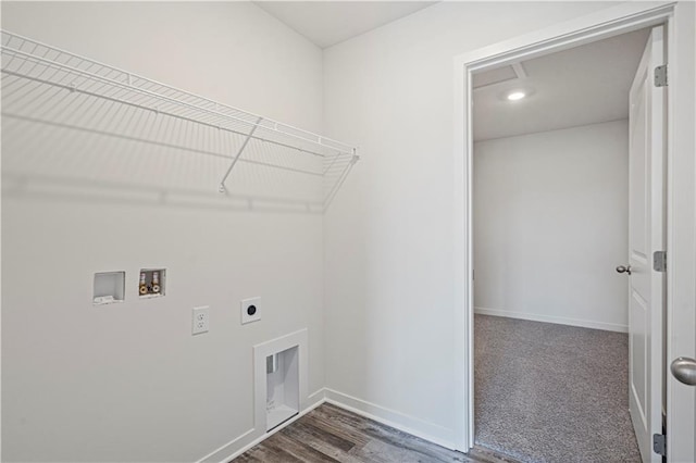 washroom with hookup for an electric dryer, dark colored carpet, and washer hookup