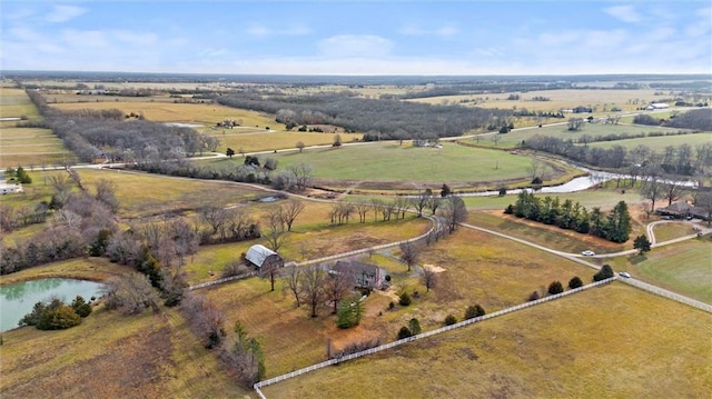 bird's eye view with a rural view and a water view