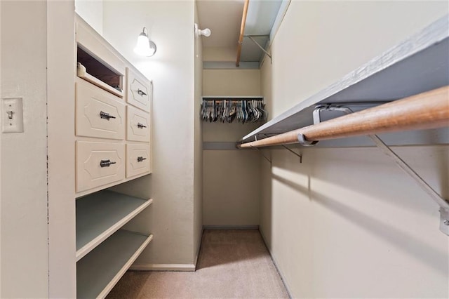 walk in closet featuring light carpet