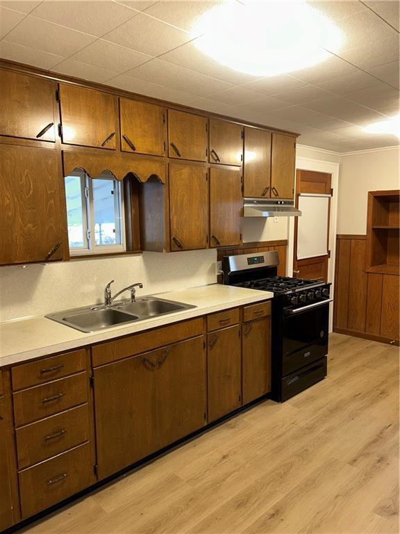 kitchen with black gas range, wooden walls, sink, and light wood-type flooring