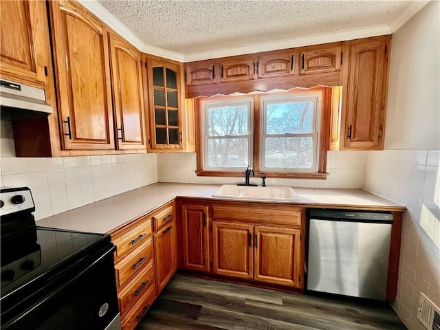 kitchen featuring backsplash, sink, dark wood-type flooring, stainless steel appliances, and a textured ceiling