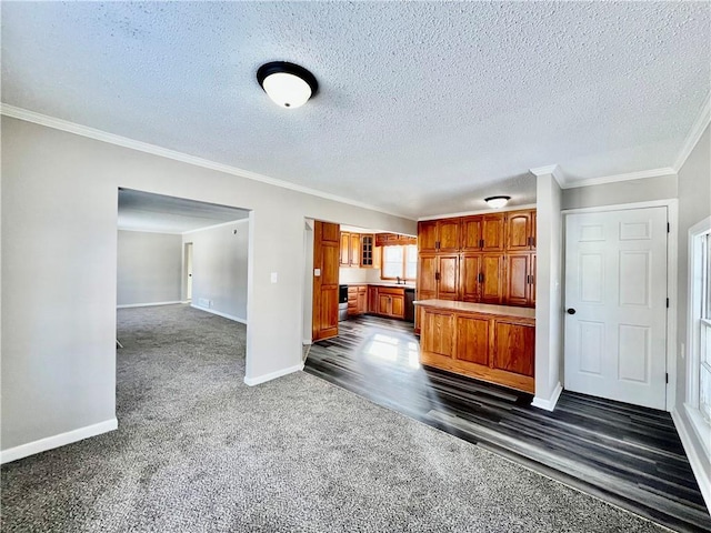 kitchen featuring crown molding, a textured ceiling, and dark colored carpet