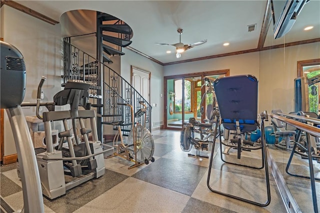 gym with visible vents, ornamental molding, baseboards, ceiling fan, and recessed lighting