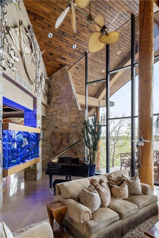 472 N Winnebago Dr, Lake Winnebago, MO 64034 - living room with high vaulted ceiling, wooden ceiling, ceiling fan, and healthy amount of natural light