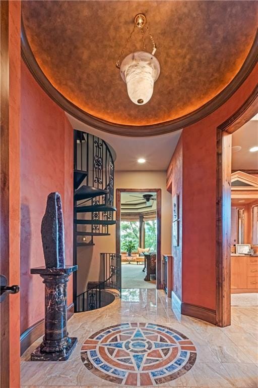 472 N Winnebago Dr, Lake Winnebago, MO 64034 - foyer entrance featuring marble tiled floors, baseboards, stairs, inlaid floor details, and recessed lighting