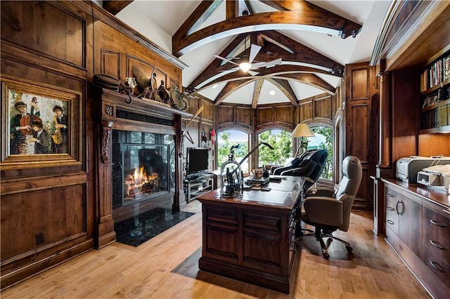 472 N Winnebago Dr, Lake Winnebago, MO 64034 - office featuring a high end fireplace, wood walls, and light wood finished floors
