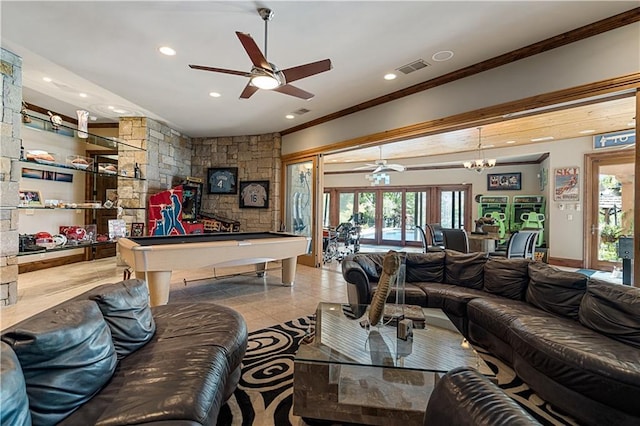 472 N Winnebago Dr, Lake Winnebago, MO 64034 - playroom with billiards, crown molding, ceiling fan, recessed lighting, and tile patterned flooring