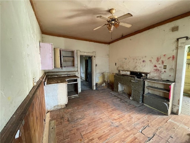 kitchen featuring ceiling fan and crown molding