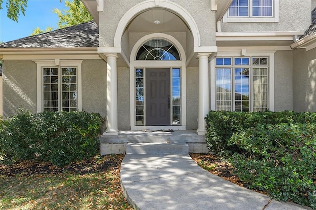 doorway to property with a shingled roof and stucco siding