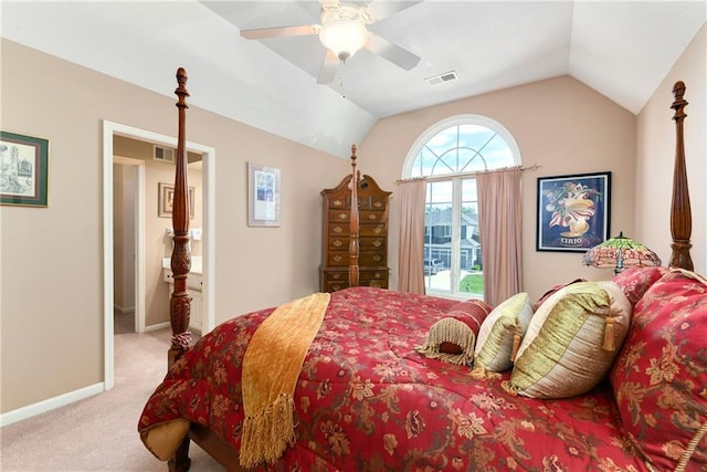 bedroom with light colored carpet, visible vents, a ceiling fan, vaulted ceiling, and baseboards