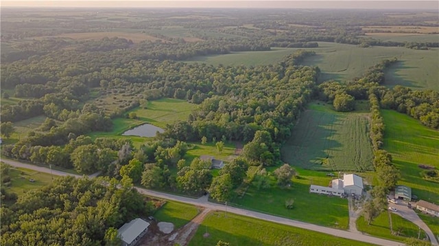 birds eye view of property with a water view and a rural view