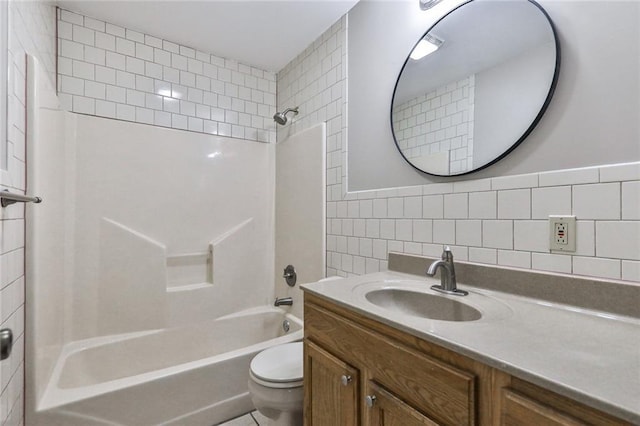 full bathroom with decorative backsplash, vanity, bathing tub / shower combination, tile walls, and toilet