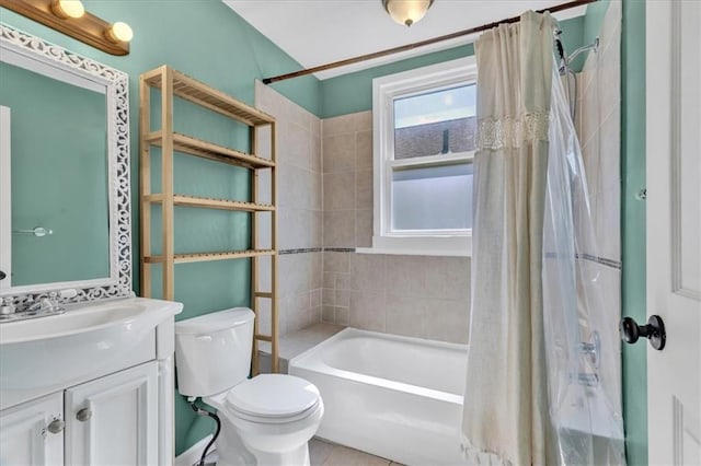 full bathroom featuring vanity, toilet, and shower / bathtub combination with curtain