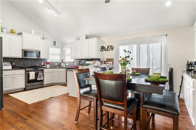 kitchen with white cabinetry, lofted ceiling, stainless steel appliances, and sink