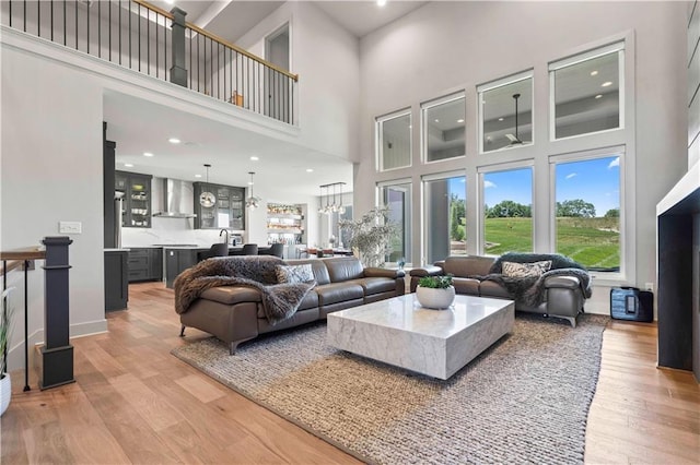 living room featuring hardwood / wood-style flooring and a towering ceiling