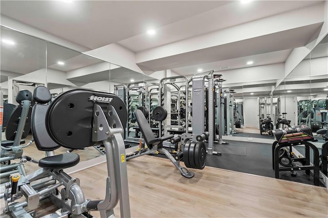 exercise room with light hardwood / wood-style floors