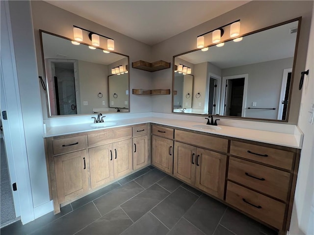 bathroom featuring vanity, tile patterned floors, and a shower with shower door