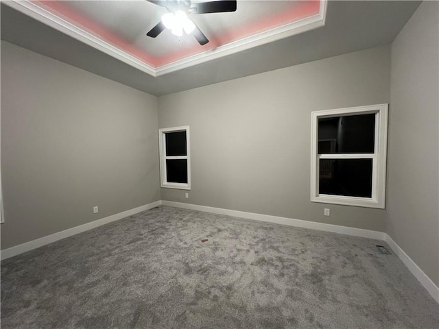 spare room with a raised ceiling, ceiling fan, and carpet flooring