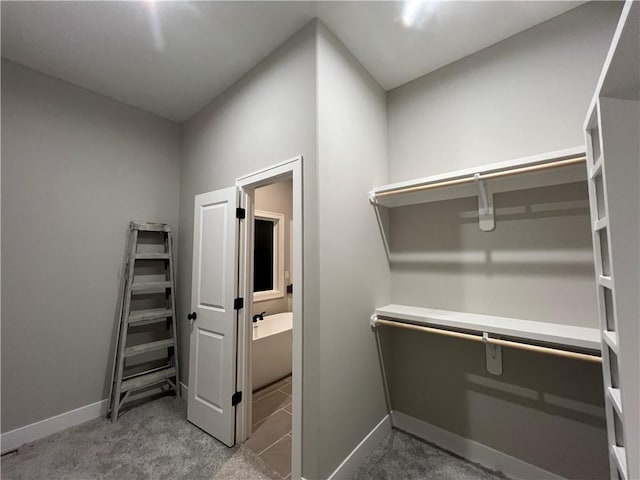 walk in closet with light carpet