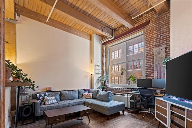 living room featuring wood finished floors, radiator heating unit, a towering ceiling, wooden ceiling, and beamed ceiling