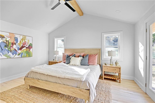 bedroom featuring lofted ceiling with beams, access to exterior, ceiling fan, and light hardwood / wood-style flooring