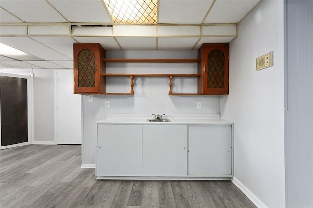 kitchen with a drop ceiling, sink, and hardwood / wood-style flooring