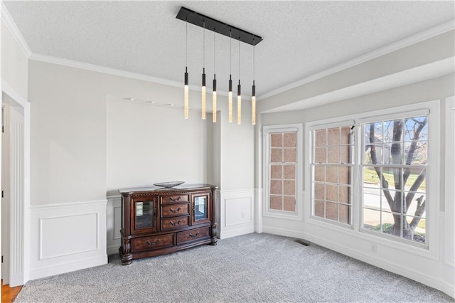 unfurnished dining area with ornamental molding, carpet, wainscoting, and a textured ceiling