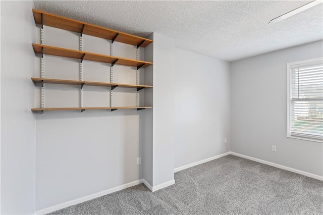 interior space featuring carpet floors, a textured ceiling, and baseboards