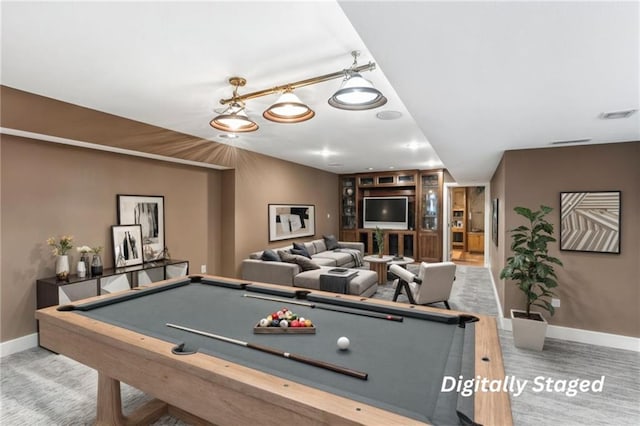 game room with billiards, visible vents, and baseboards