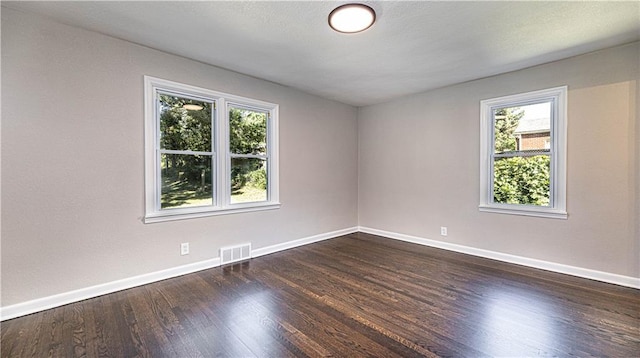 spare room with a healthy amount of sunlight and dark wood-type flooring