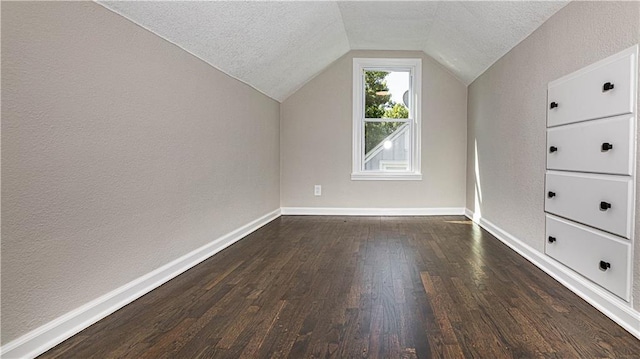 additional living space featuring dark hardwood / wood-style flooring, lofted ceiling, and a textured ceiling