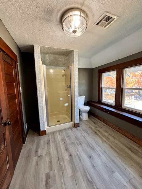 bathroom with wood-type flooring, vaulted ceiling, toilet, and an enclosed shower