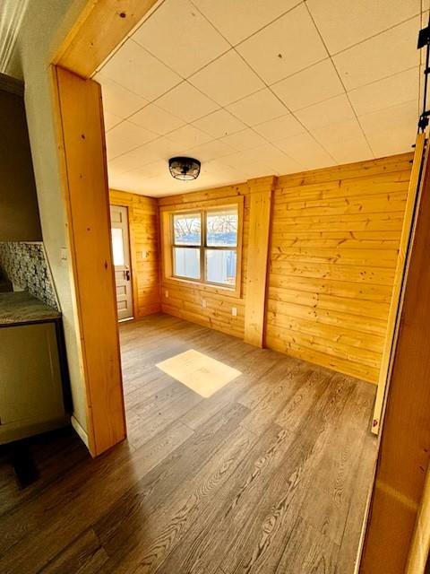 interior space with wood-type flooring and wooden walls