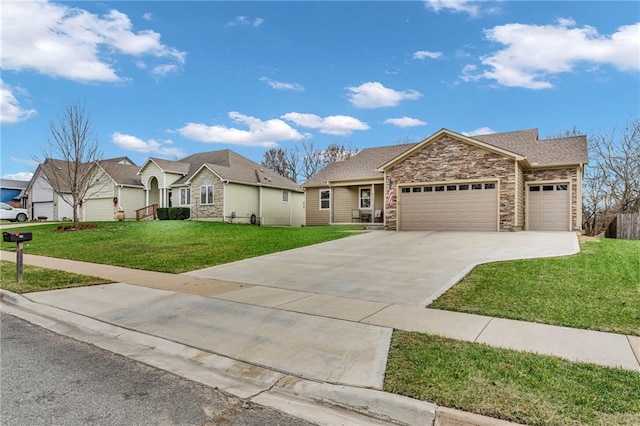 ranch-style home with a garage and a front yard