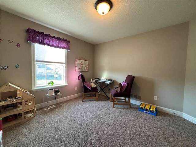 interior space with carpet flooring and a textured ceiling