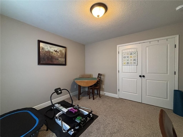 miscellaneous room featuring carpet and a textured ceiling