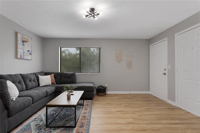 living room with a textured ceiling and light hardwood / wood-style floors