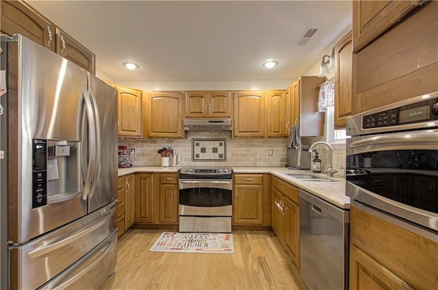 kitchen featuring decorative backsplash, sink, stainless steel appliances, and light hardwood / wood-style flooring