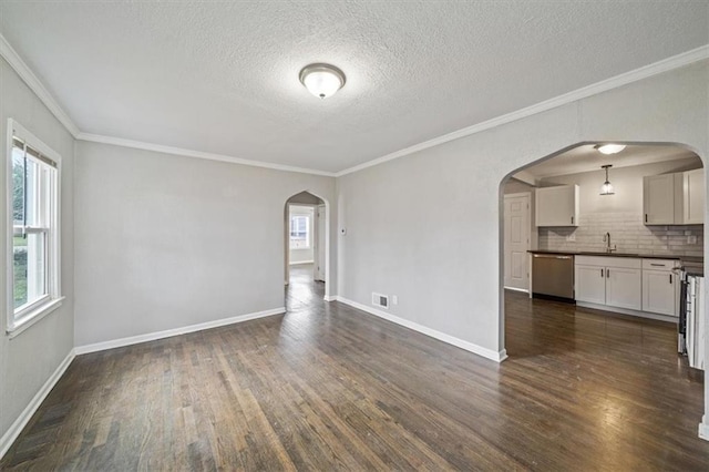 empty room with a textured ceiling, sink, dark hardwood / wood-style floors, and ornamental molding