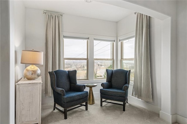 sitting room featuring light carpet and baseboards