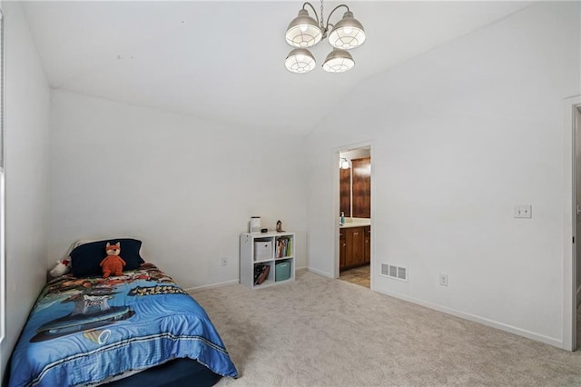 carpeted bedroom featuring lofted ceiling, visible vents, a notable chandelier, and baseboards