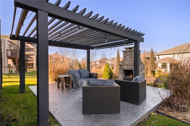 view of patio with an outdoor living space with a fireplace, fence, and a pergola