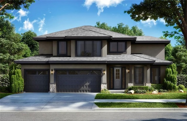 prairie-style house featuring stone siding, driveway, an attached garage, and stucco siding