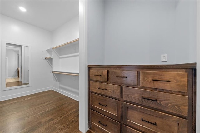 walk in closet featuring dark wood-style floors