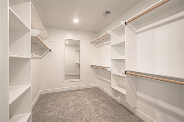 spacious closet featuring visible vents and light colored carpet