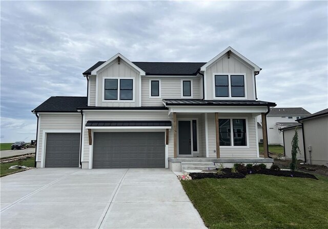 1712 SW Arbormist Dr, Lees Summit, MO 64082 - modern farmhouse featuring a porch, board and batten siding, a front yard, and concrete driveway