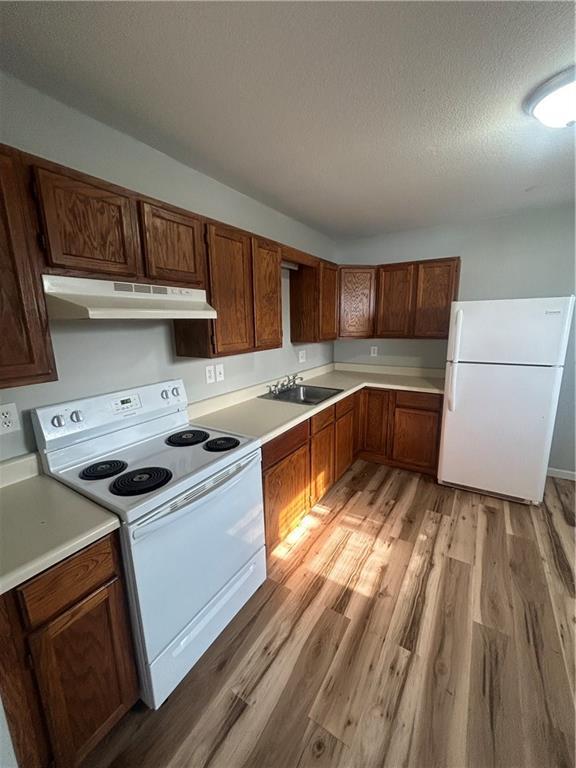 kitchen with sink, wood-type flooring, white appliances, and a textured ceiling