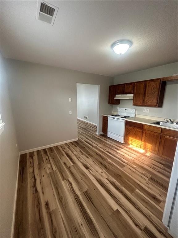 kitchen featuring wood-type flooring, electric range, and sink