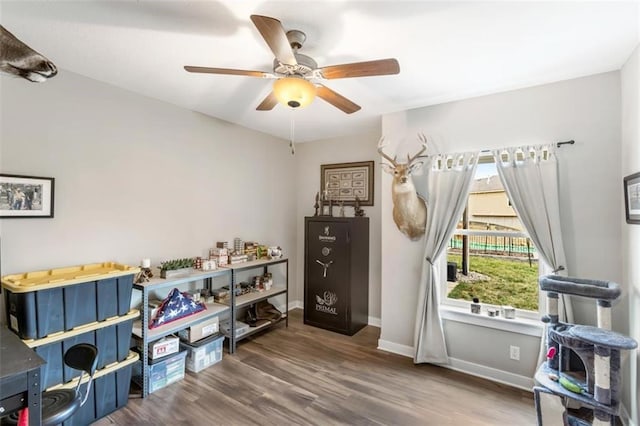 rec room with ceiling fan and wood-type flooring