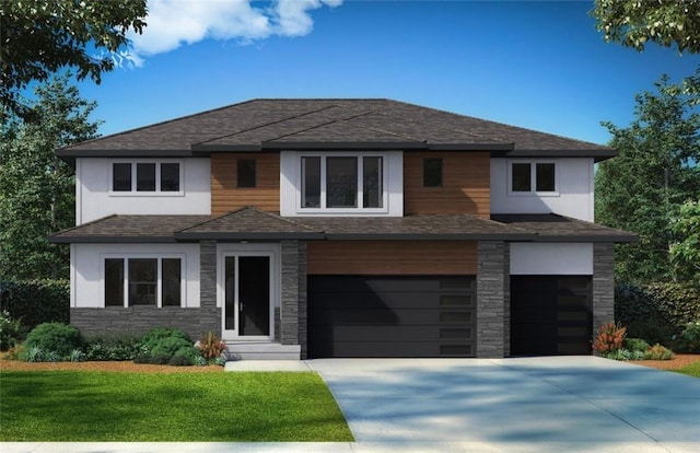 view of front of house featuring entry steps, a garage, stone siding, concrete driveway, and roof with shingles